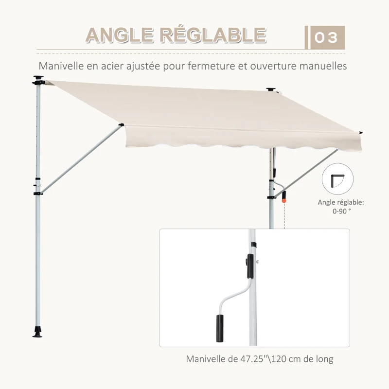 Outsunny Store banne Manuel rétractable 4L x 1,2l m Auvent Téléscopique sans Perçage Inclinaison et Hauteur réglable Installation Rapide métal alu Polyester Anti-UV kaki