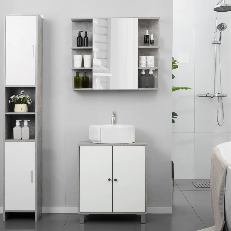 kleankin Meuble salle de bain meuble sous vasque sur pied placard 2 portes avec 2 étagères 60 x 30 x 68 cm gris blanc