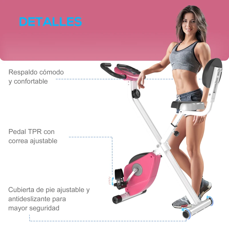 HOMCOM Bicicleta Estática Plegable con Resistencia Magnética Asiento con Altura Ajustable y Pulsómetro 43x97x109 cm Rosa
