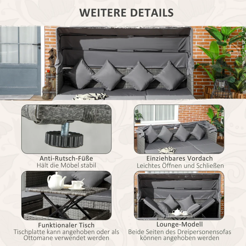 Outsunny Garten-Sofagarnitur, 4-tlg., mit Sonnendach, Kissen, Polyrattan/Metallrahmen, Grau