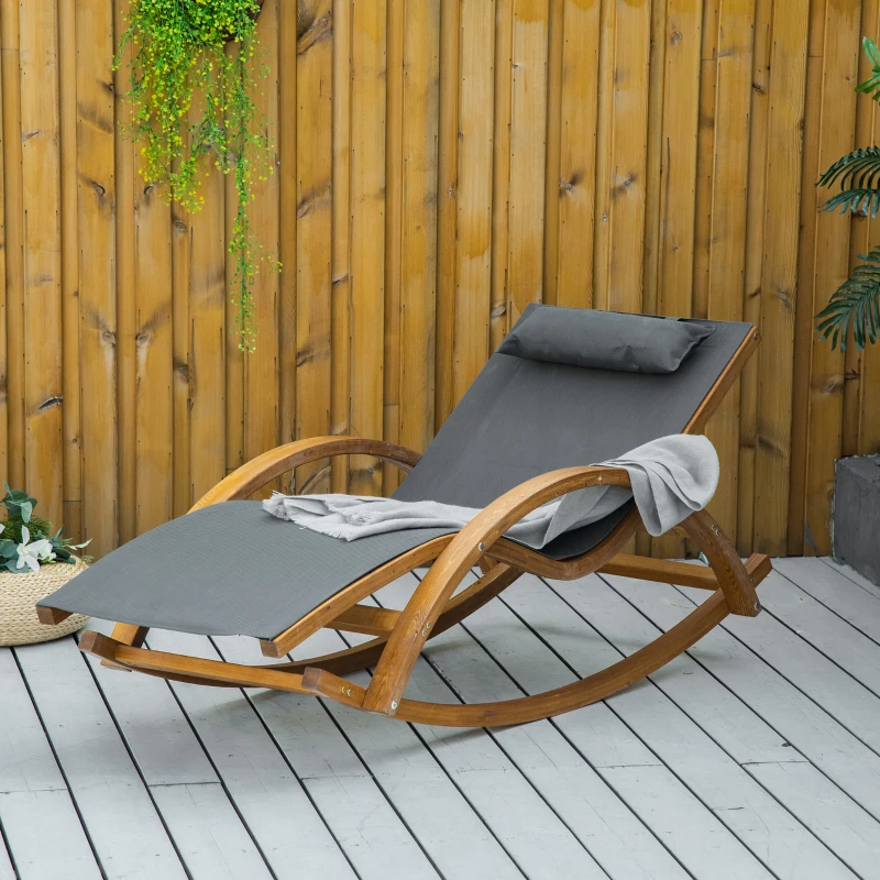 Outsunny Chaise Longue Fauteuil berçant à Bascule transat Bain de Soleil Rocking Chair en Bois Charge 120 Kg Gris