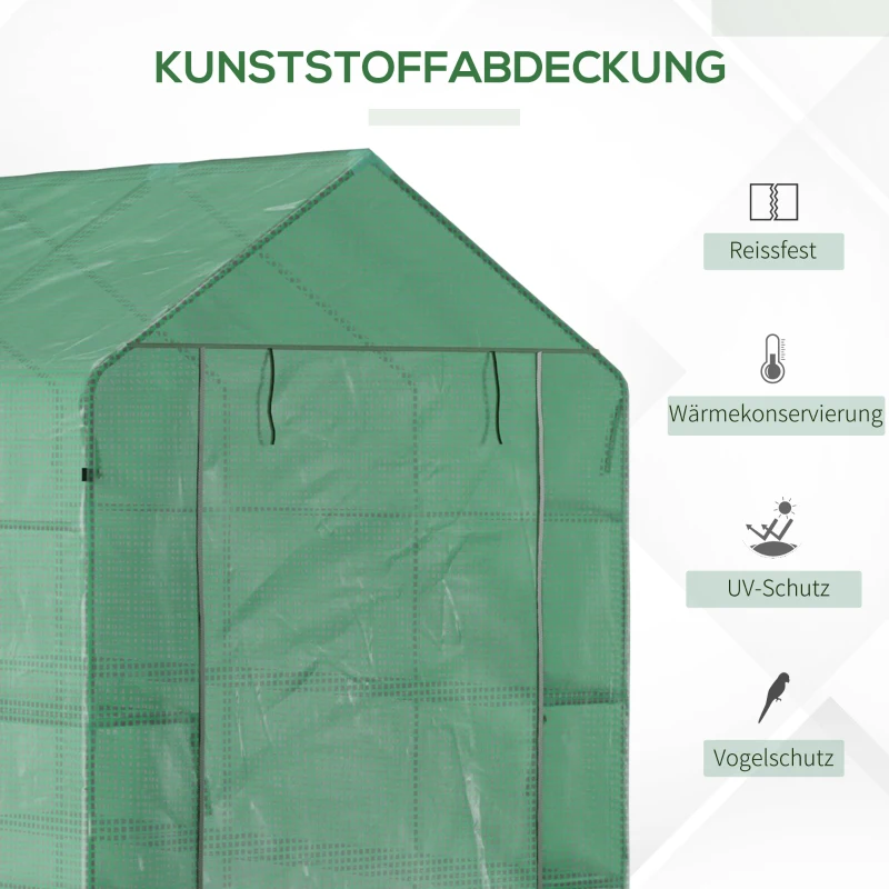 Outsunny Foliengewächshaus Gewächshaus Treibhaus mit Blumenregal Frühbeet Tomatenhaus Pflanzenhaus für Garten, aus Stahlrohl und PE-Gewebe, Grün, 214 x 143 x 195 cm