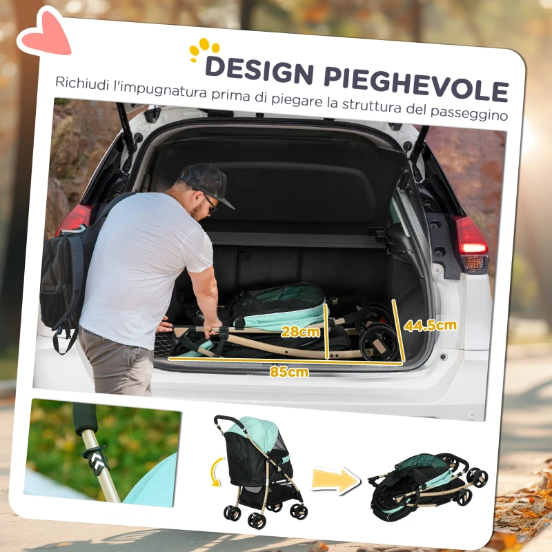 PawHut Passeggino per Cani Piccoli Pieghevole con Copertura Antipioggia, Cestino e Guinzaglio Integrato, Verde