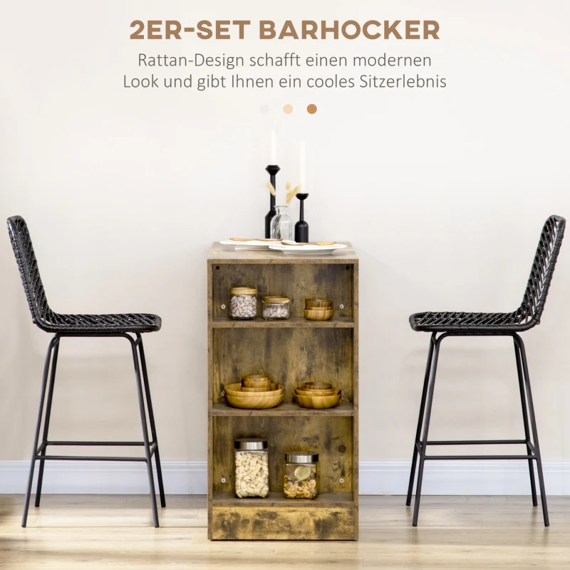 HOMCOM Barhocker, 2er-Set, Rattanoptik, Fußstütze, Stahlrahmen, rutschfest, bis 120 kg, 42,5x52x102 cm, Schwarz
