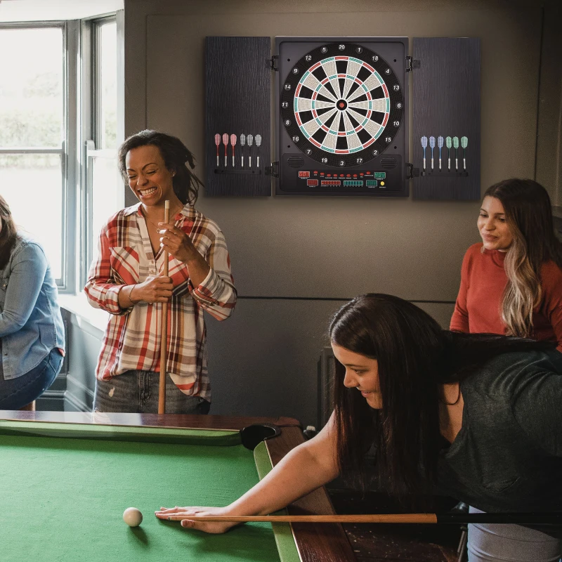 HOMCOM Elektronische Dart-set mit Tür Dartboard Dartscheibe mit automatischer Wertung Soundeffekte 12 Darts 27 Spiele und 202 Trefferoptionen für 8 Spieler 57 x 51 x 6,5 cm