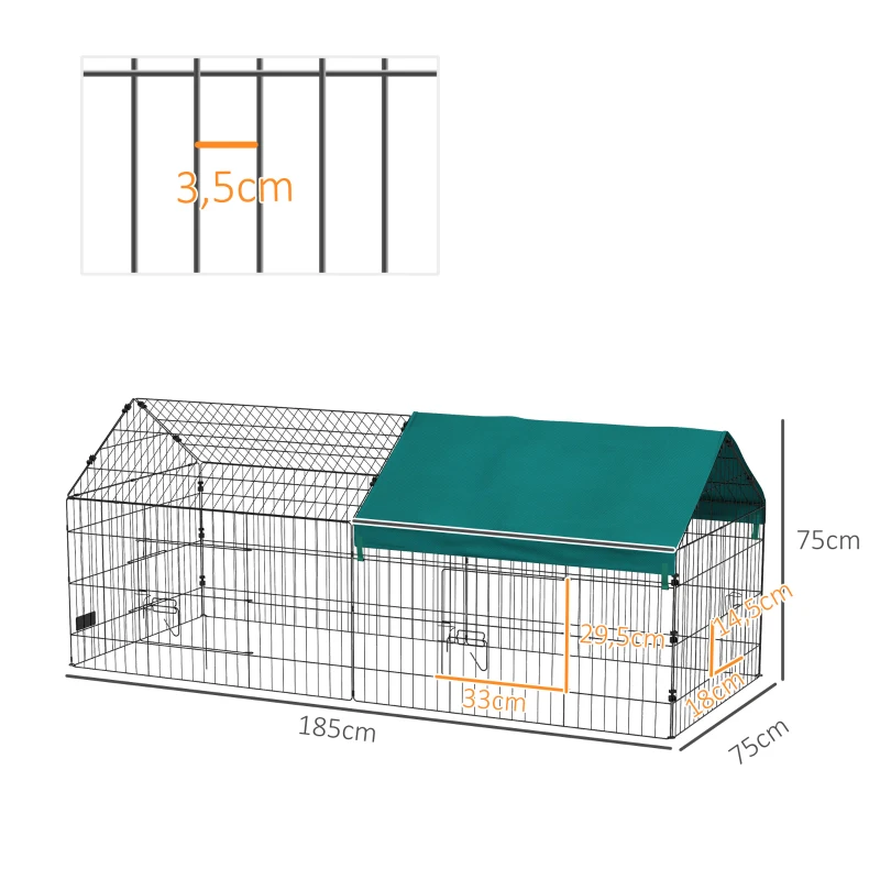 PawHut Jaula para Animales Pequeños de Acero con Puertas y Tela Superior para Conejos Chinchillas Gallinas 185x75x75 cm Verde