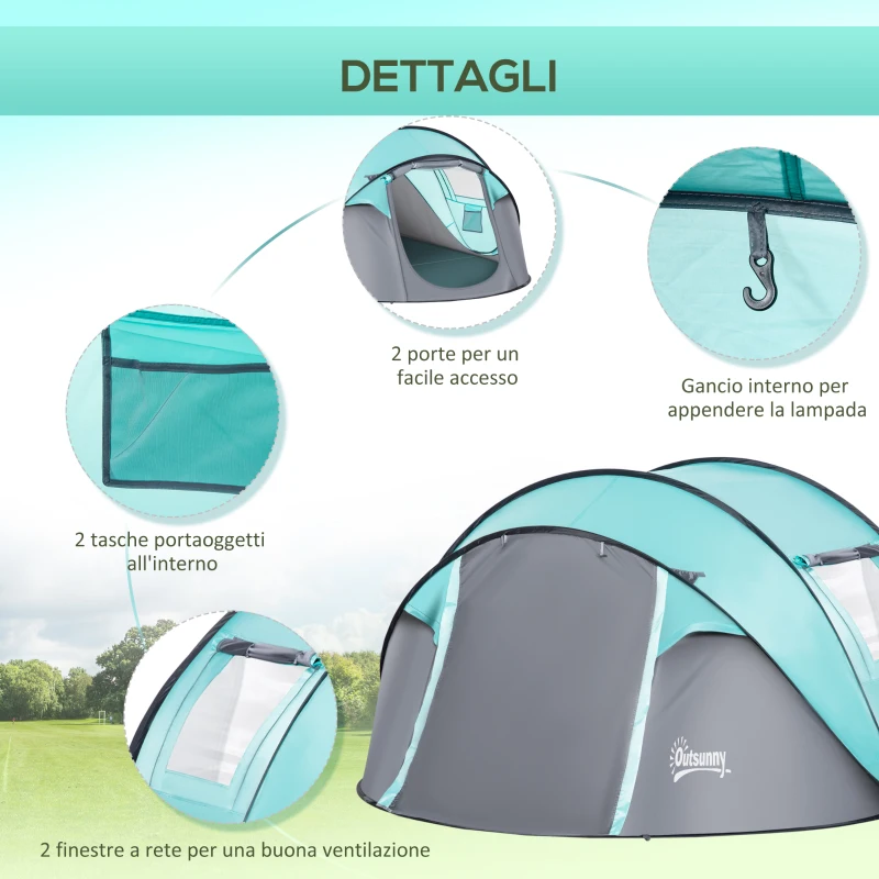 Outsunny Tenda da Campeggio 3 Persone a Cupola, Tenda Pop-Up Automatica a Igloo, 286x209x122cm, Azzurro