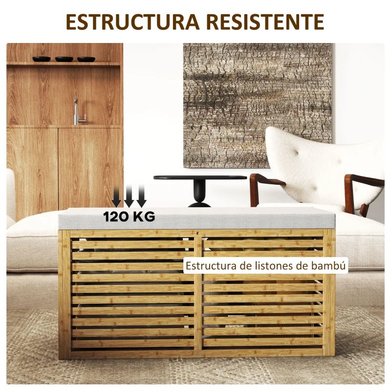 HOMCOM Baúl de Almacenaje 122L Tapizado en Lino Sintético con Cojín Marco de Bambú 90x42x43 cm Gris y Natural