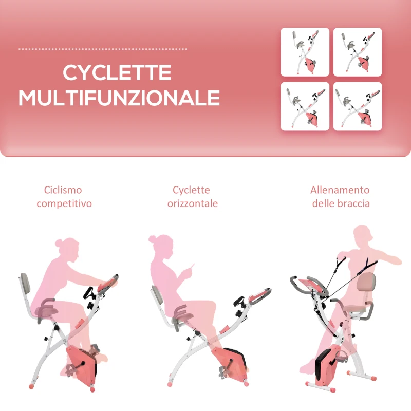 HOMCOM Cyclette Pieghevole 2 in 1, Resistenza Magnetica Regolabile 8 Livelli, Cyclette da Casa Silenziosa con Sensore di Frequenza Cardiaca, Elastici per Braccia, Schermo LCD, Volano 2.5kg, Rosa