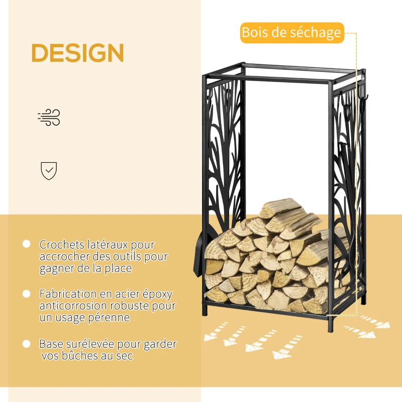 HOMCOM Porte bûches - Range bûches Serviteur de cheminée Arbre - Multi Accessoires étagère 46L x 29l x 70H cm Acier Noir