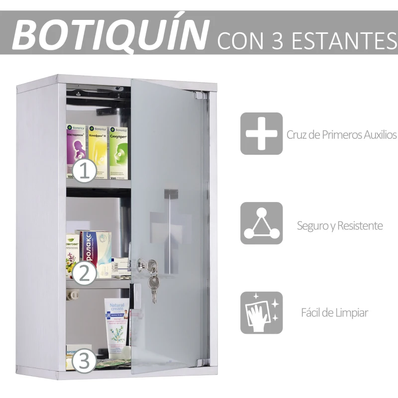 HOMCOM Armario de Medicinas Botiquín Gabinete de Primero Auxilios Acero Inox 3 Estantes Caja Colgante de Pared con Cerradura