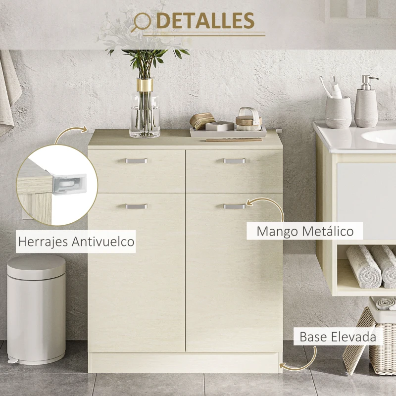 HOMCOM Armario Auxiliar de Baño con 2 Cajones Aparador Auxiliar de Almacenaje para Cocina 68x34x80 cm Madera Natural