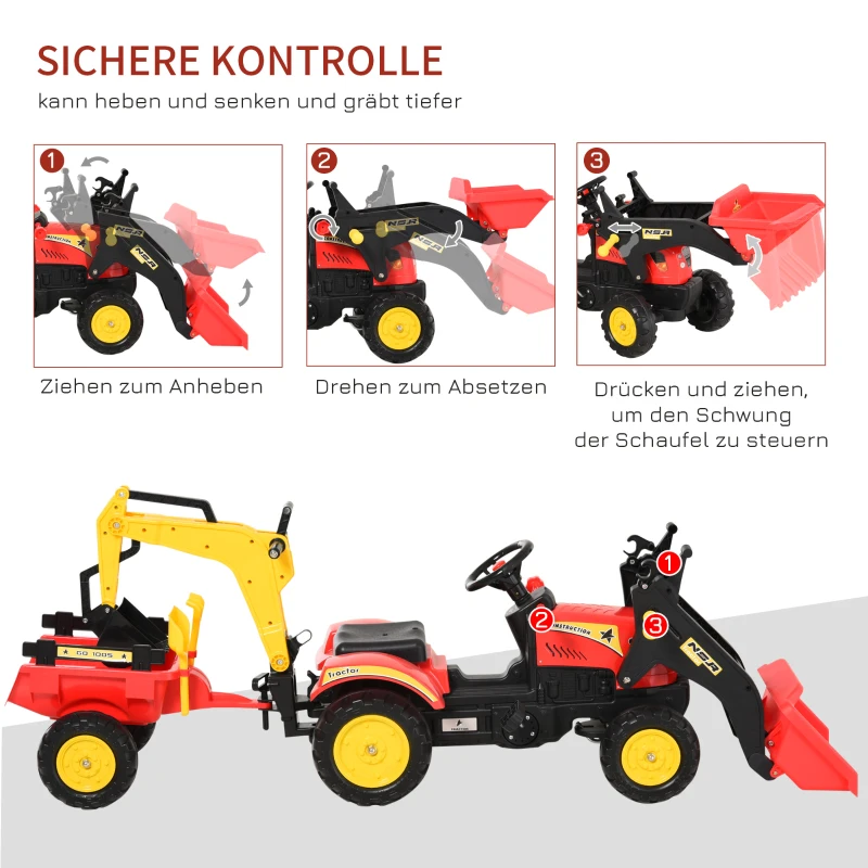 HOMCOM Trettraktor mit Anhänger, Frontlader, verstellbarer Schaufel, Traktor Tretfahrzeug für Kinder ab 3 Jahren Rot