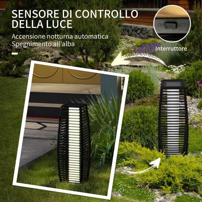 Outsunny Lampada Solare da Giardino con Pannello di Ricarica, in Acciaio e Rattan, 20x20x68 cm, Nero