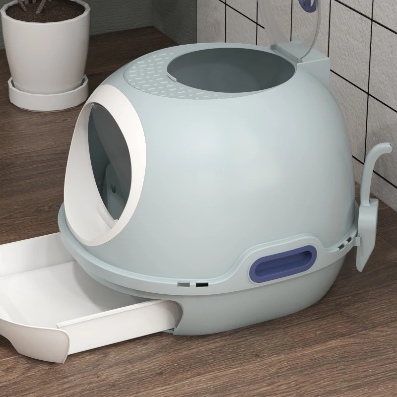 PawHut Caja de Arena para Gatos Arenero Cerrado con Claraboya Abatible Bandeja Extraíble y Pala 47x55x44 cm Azul