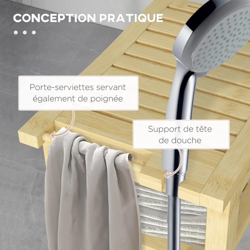 HOMCOM Tabouret banc de douche en bambou avec étagère de rangement, porte-serviettes dim. 42L x 29l x 43H cm, naturel