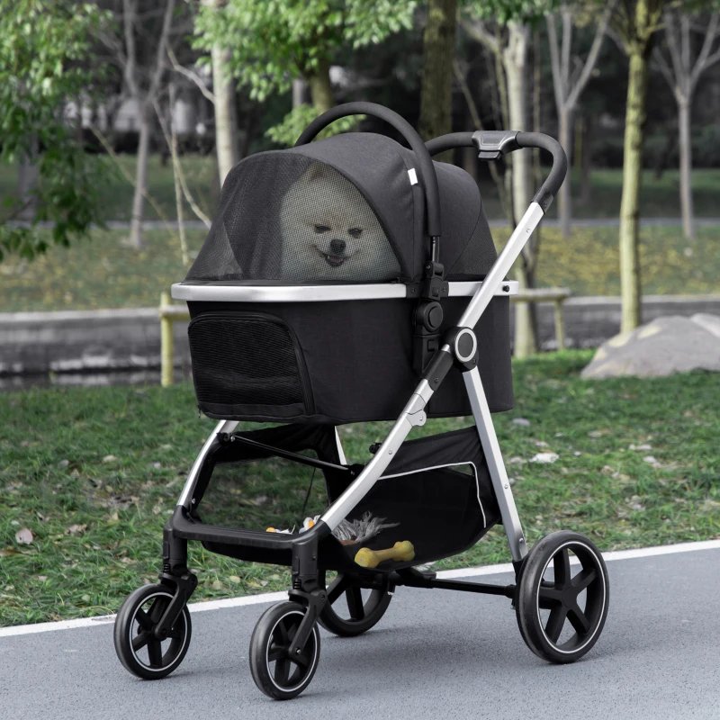 PawHut 3 in 1 One-Click Foldable Pet Stroller, Detachable Dog Cat Travel Pushchair, Car Seat w/ EVA Wheels, Basket, Adjustable Canopy, Safety Leash, Cushion, for Small Pets - Black