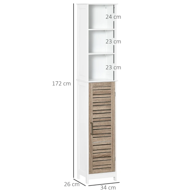 kleankin Armario Alto de Baño con Estantería de 6 Niveles 1 Puerta y Estantes Ajustables Mueble Auxiliar de Almacenaje para Salón Cocina Antivuelco 34x26x172 cm Blanco