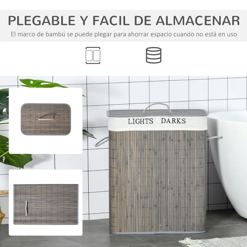 HOMCOM Cesto para Ropa Sucia de Bambú Capacidad de 100L con Tapa Extraíble Bolsa de 2 Compartimentos 52x32x63 cm Gris