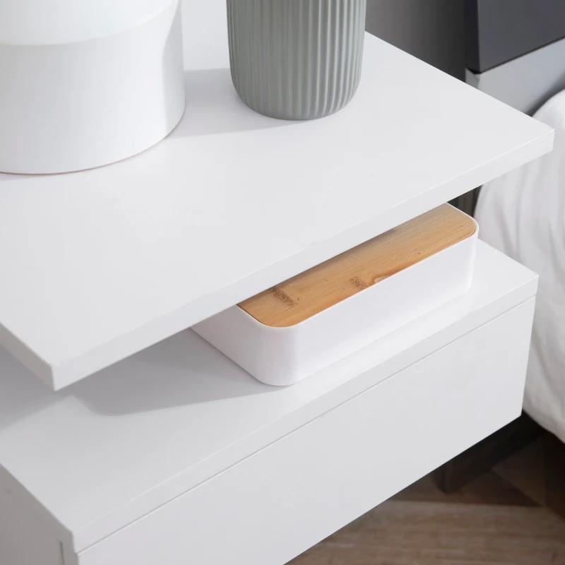 HOMCOM Juego de 2 Mesitas de Noche Flotantes Mesitas de Noche Colgantes con 1 Cajón y Estante Abierto para Dormitorio 35x32x22,5 cm Blanco(m-9)