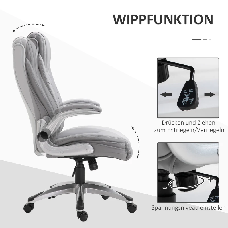 Vinsetto Bürostuhl Ergonomischer Drehstuhl Computerstuhl mit Wippfunktion höhenverstellbar mit Kopfstütze und gepolsterte Armlehnen Kunstleder Grau 70 x 71 x 113–121 cm