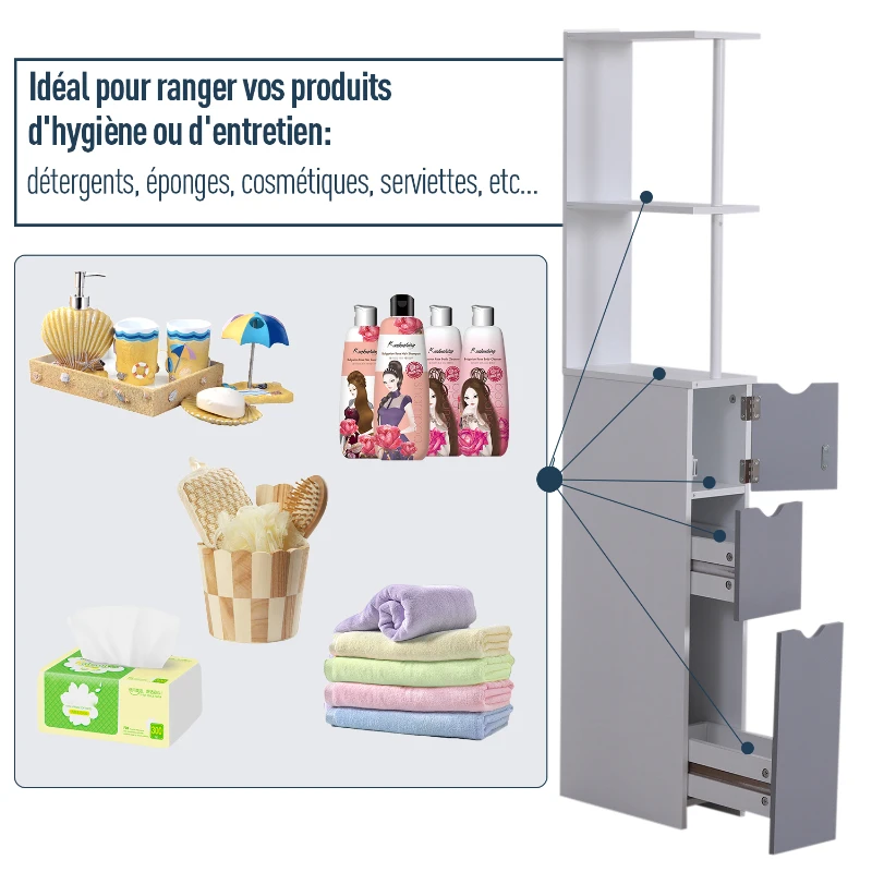 HOMCOM Etagère gain de place WC ou salle de bain 15L x 33l x 136H cm 3 niveaux 2 tiroirs et placard MDF métal blanc gris