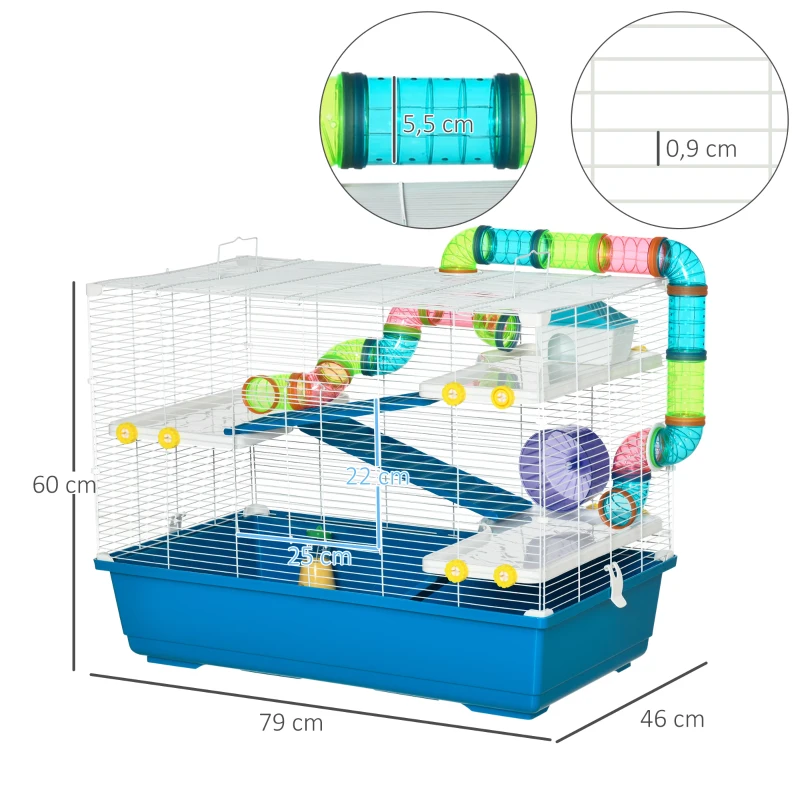 PawHut Jaula para Hámster Grande 79x46x60 cm Casa para Hámster con 3 Plataformas Tubos Comedero Bebedero 3 Rampas Rueda de Ejercicio y 2 Asas Portátiles Azul y Blanco