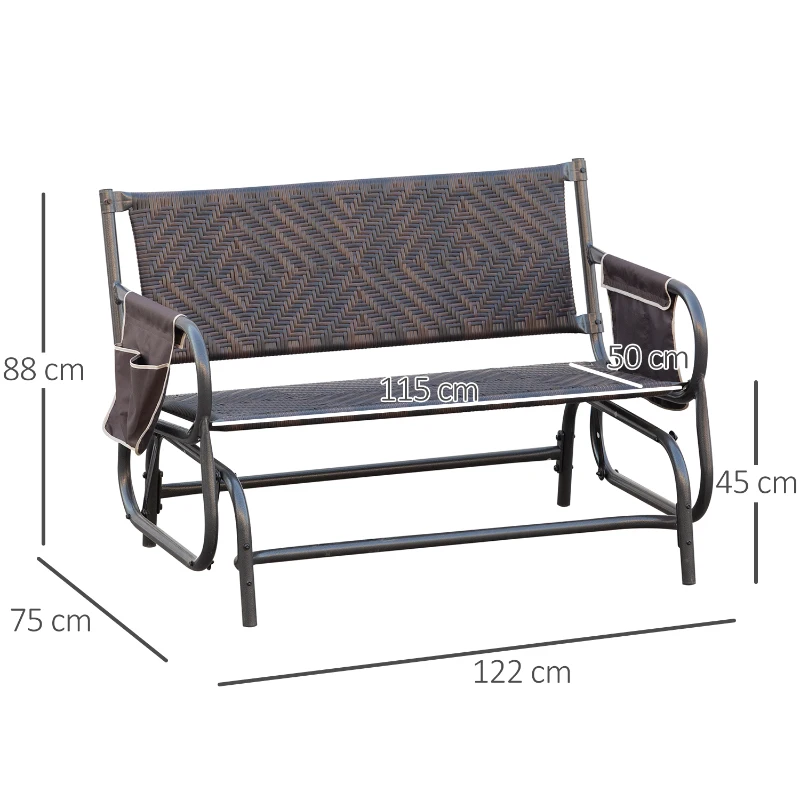 Outsunny Panchina a Dondolo da Giardino 2 Posti in Rattan e Acciaio con Tasche Laterali, 122x75x88cm Marrone e Nero