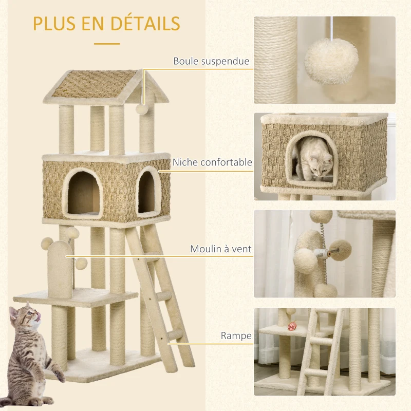 Pawhut Arbre à chats style cosy chic griffoirs sisal naturel niche plateformes échelle jeux boule suspendue moulin à vent peluche courte panneaux particules algues 69 x 40 x 131 cm crème kaki