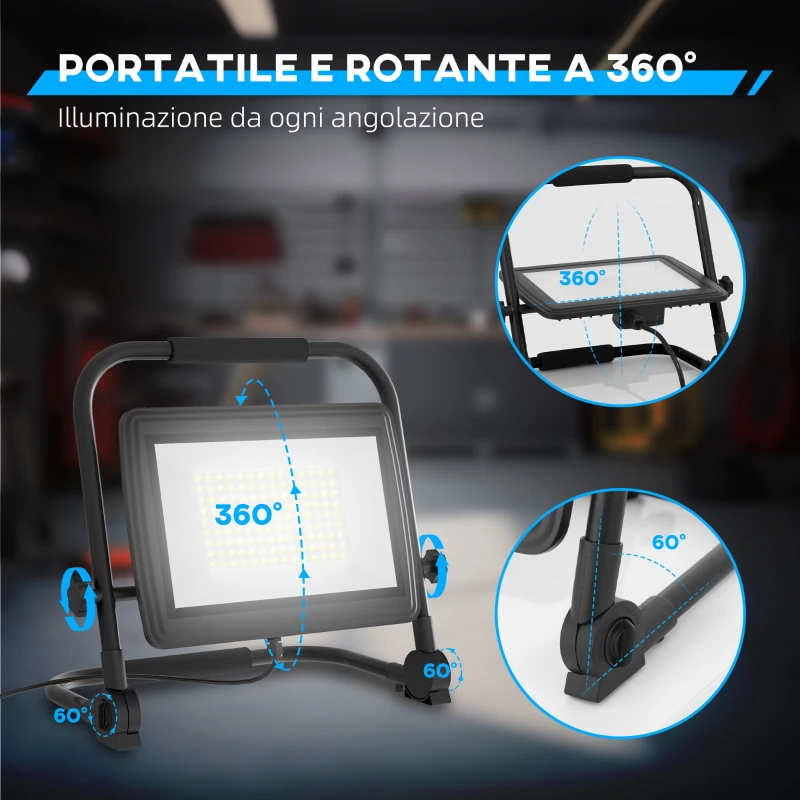 HOMCOM Faretto LED da Lavoro da 6500K con Testa Girevole e Supporto Regolabile, in Alluminio e Metallo, 35x20x32 cm, Nero