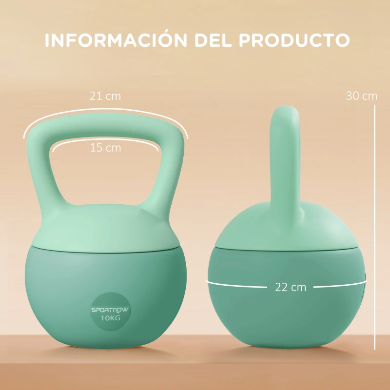 SPORTNOW Pesa Rusa 10 kg Kettlebell Relleno de Arena Metálica y Mango Antideslizante para Entrenamiento en Casa 21x21x30 cm Verde
