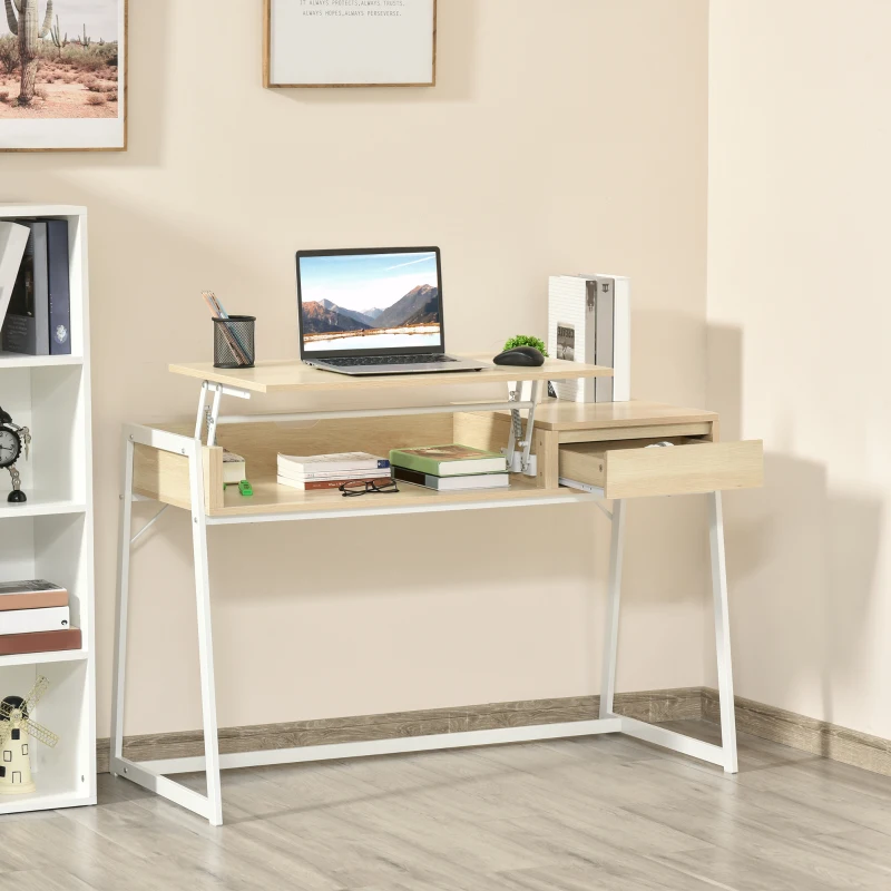 HOMCOM Height Adjustable Standing Desk Modern Home Office Computer Writing Desk with Drawer and Shelf, Natural