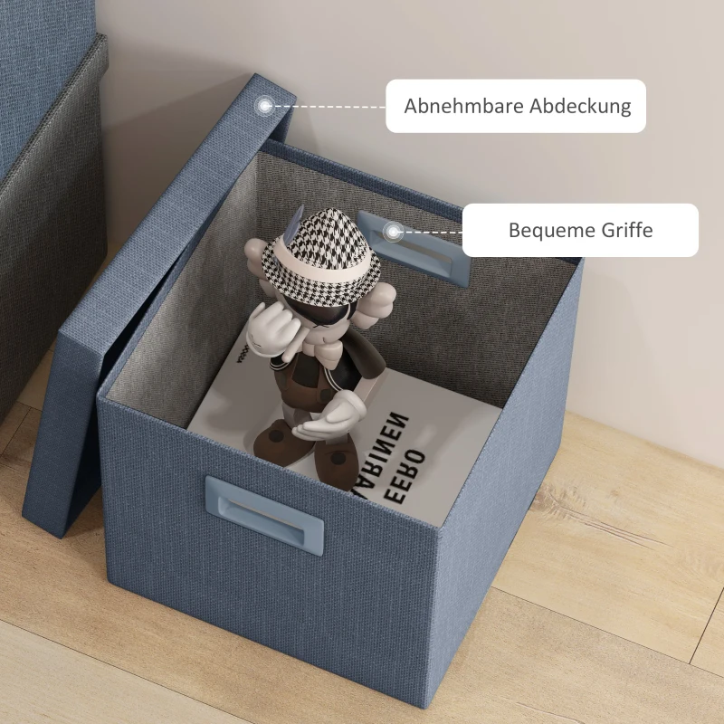 HOMCOM Aufbewahrungsbox Set, abnehmbarer Deckel, Griffe, faltbar, stapelbar, Leinenimitat, Blau