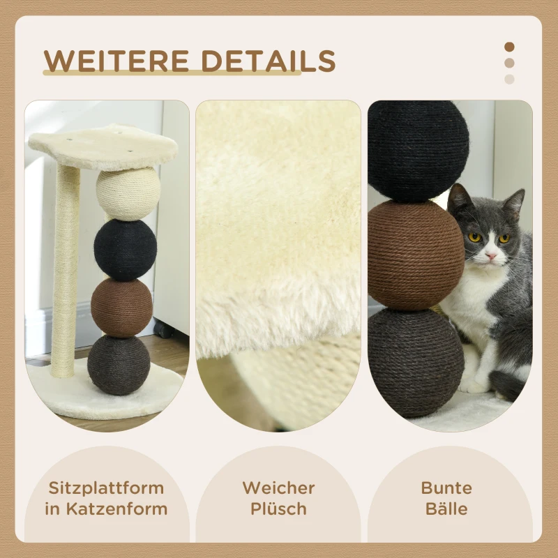 PawHut Kratzsäule für Katzen, Katzenkratzbaum Kratzbaum mit Plattform, Kratzstamm mit 2 Sisalpfosten und 4 Sisalbällen, Katzenkratzer Spielzeug, 38 x 38 x 64 cm