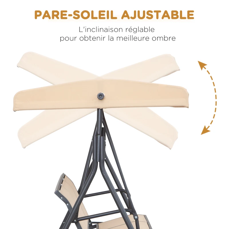 Outsunny Balancelle de Jardin 3 Places Grand Confort Toit Inclinaison réglable Assise et Dossier Ergonomique Acier époxy textilène Beige