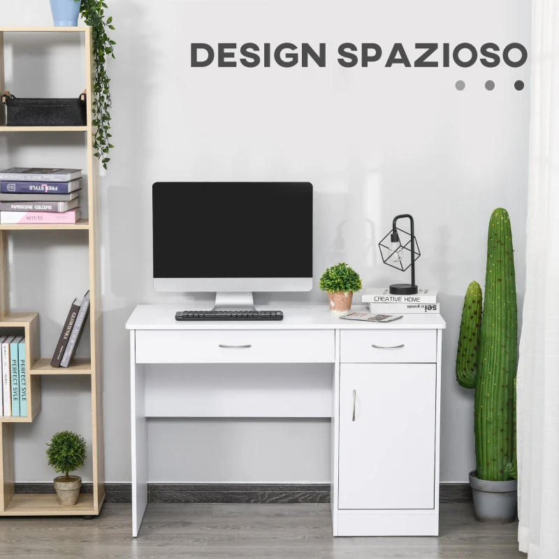 HOMCOM Scrivania Moderna per PC e Computer con 2 Cassetti e 1 Armadietto, Scrivania con Libreria Salvaspazio per Ufficio o Camera in Legno, Bianco
