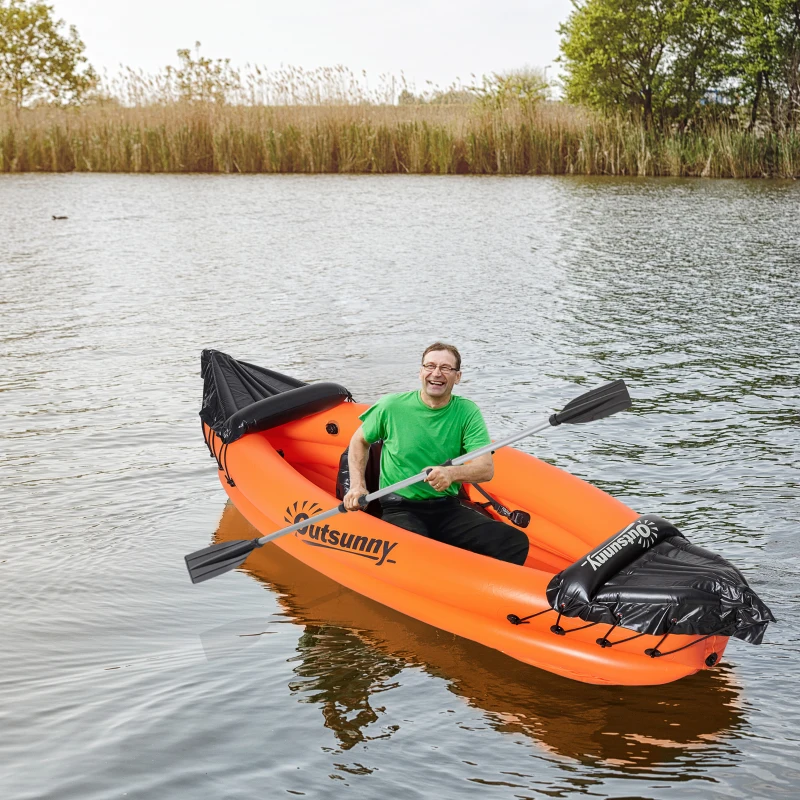 Outsunny Inflatable Kayak, 1-Person Sit-in Inflatable Boat, Inflatable Canoe Set with Detachable Seat, Air Pump, Aluminium Oar, Orange, 270x93x50cm