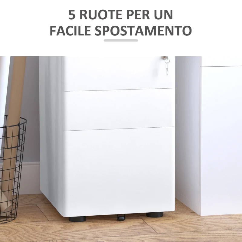 Vinsetto Cassettiera da Ufficio 3 Cassetti in Acciaio con Serratura e Rotelle, 39x48x59cm, Bianco