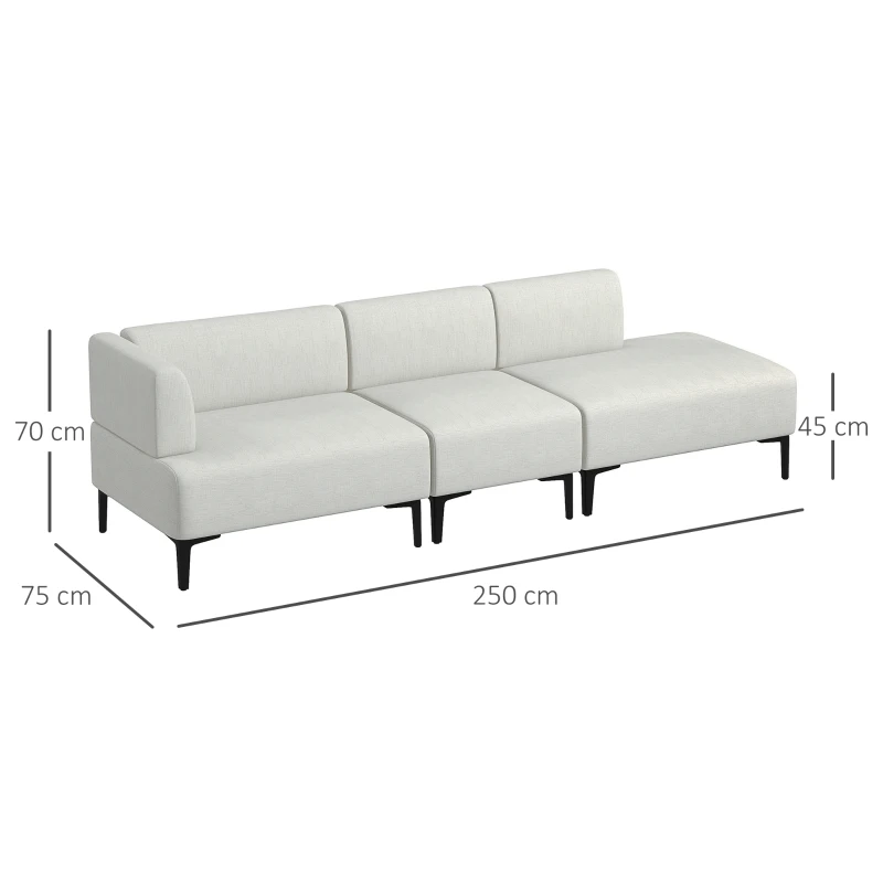 HOMCOM Canapé 3 pièces modulable design moderne et minimaliste en tissu avec pieds acier noir 250 x 75 x 70 cm blanc