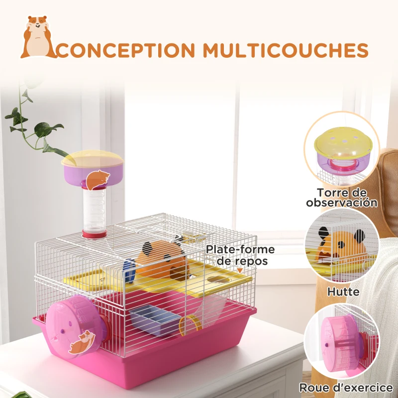 PawHut Cage à hamster rat rongeur multicolore avec plateforme, biberon eau, roue, maisonnette, 34 x 27 x 25 cm, rose