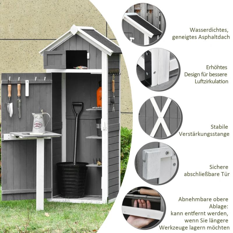 Outsunny Gartenschrank Holz, Geräteschuppen wetterfest 78x52,5x182cm, Gerätehaus mit Tür, Satteldach, Geräteschrank mit Haken, faltbar Tisch, Werkzeugschrank Gartenschuppen für Garten, Terrasse, Grau