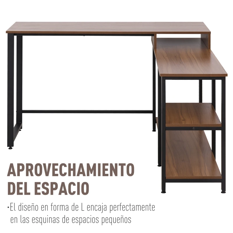 HOMCOM Mesa de Ordenador en Forma de L Escritorio de Oficina Diseño de Esquina con Múltiples Estantes Gran Superficie de Melamina Marco Metálico 130x130x78 cm Nogal