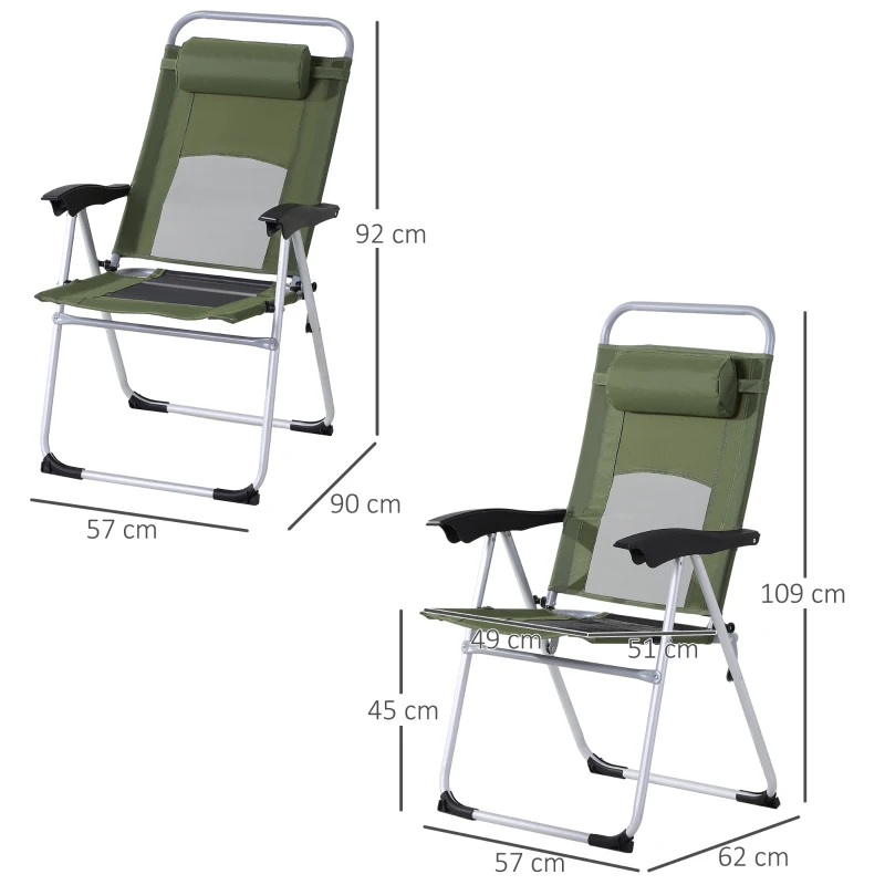 Outsunny Folding Camping Chair, Patio Armchair, 3-Position Adjustable Recliner Reclining Seat with Pillow for Outdoor Garden - Green