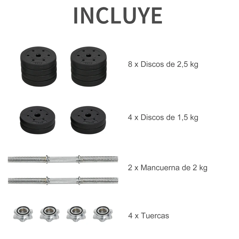 HOMCOM Conjunto de Mancuernas Ajustables de 30kg Juego de Pesas con Discos de 2,5/1,5 kg y Barras de Conexión de 2 kg Kit de Entrenamiento para Gimnasio en Casa