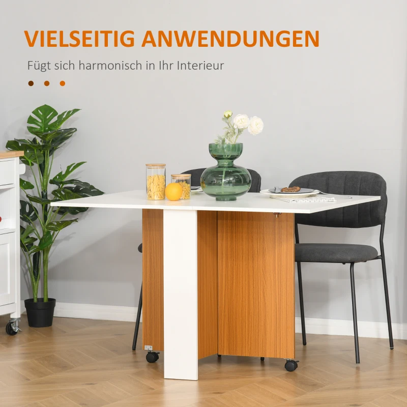 HOMCOM Klapptisch Mobiler Tisch mit klappbarer Arbeitsplatte Esstisch Beistelltisch mit Rollen Schreibtisch Holz Weiß Schreibtisch  Esszimmertische