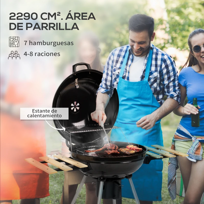 Outsunny Barbacoa Portátil con 2 Ruedas Estantes Plegables Termómetro y Parrilla Metálica para Pícnic Camping 117x68x91 cm Negro