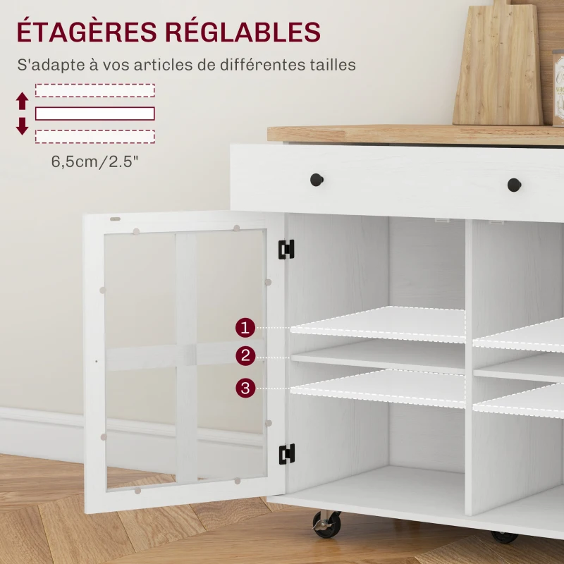 HOMCOM Desserte ilot de cuisine multi-rangements tiroir placards étagère, 115,5L x 46,2l x 86,5H cm, bois d'hévéa blanc