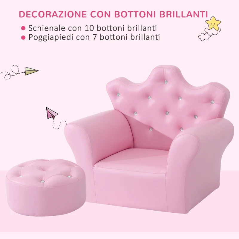 HOMCOM Set Poltrona per Bambini con Poggiapiedi e Bottoni Brillanti, Struttura in Legno con Imbottitura, Rivestimento PVC Rosa