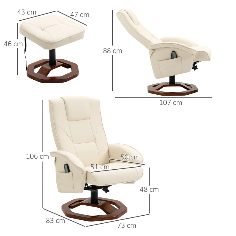 HOMCOM Massagesessel, mit Fußhocker, 10 Massagepunkte, Liegefunktion, drehbarer Sitz, Cremeweiß, 73 x 83 x 106cm