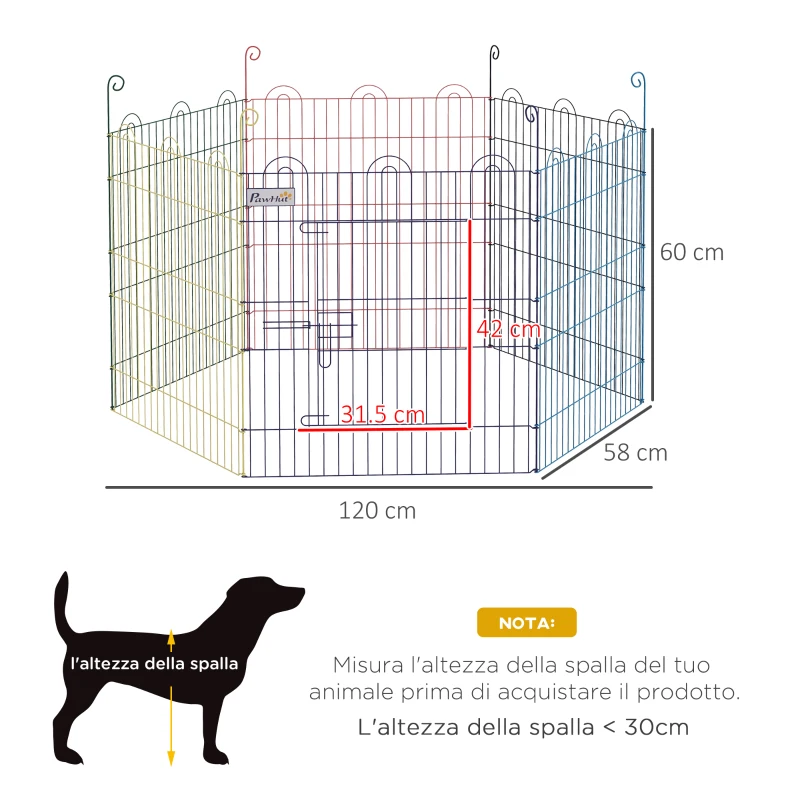 PawHut Cancellino per Cani a 6 Pannelli in Metallo con Chiusura a Scatto, Ø120x60 cm, Multicolore